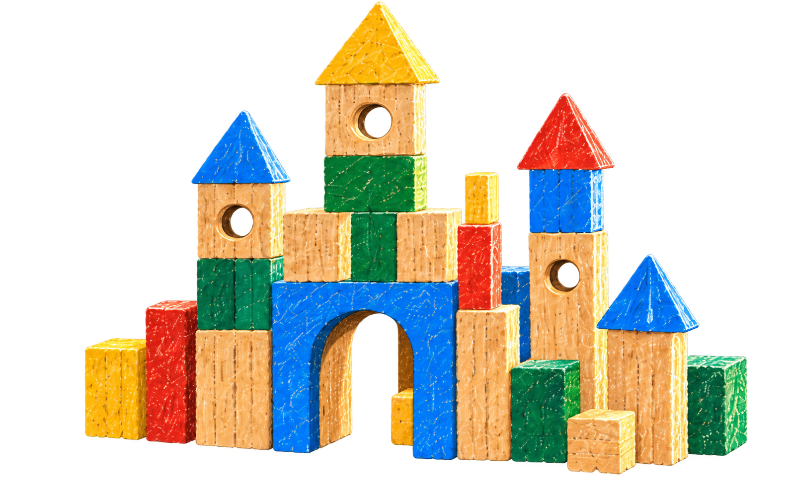 Colorful pencil-textured building blocks arranged as a castle